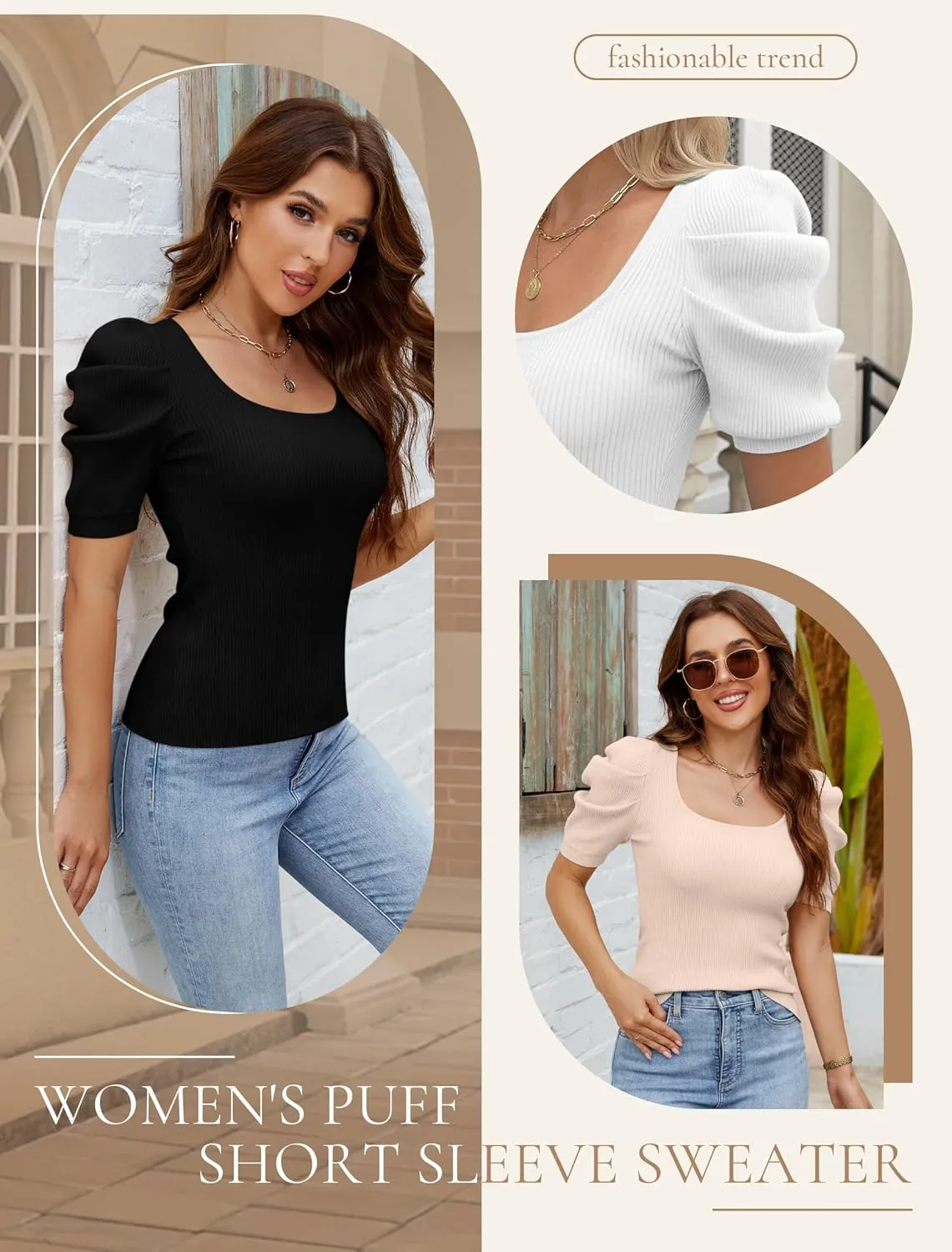 Womens Puff Short Sleeve Sweaters Square Neck Pullover Tops 2025 Summer Knit Dressy Blouse