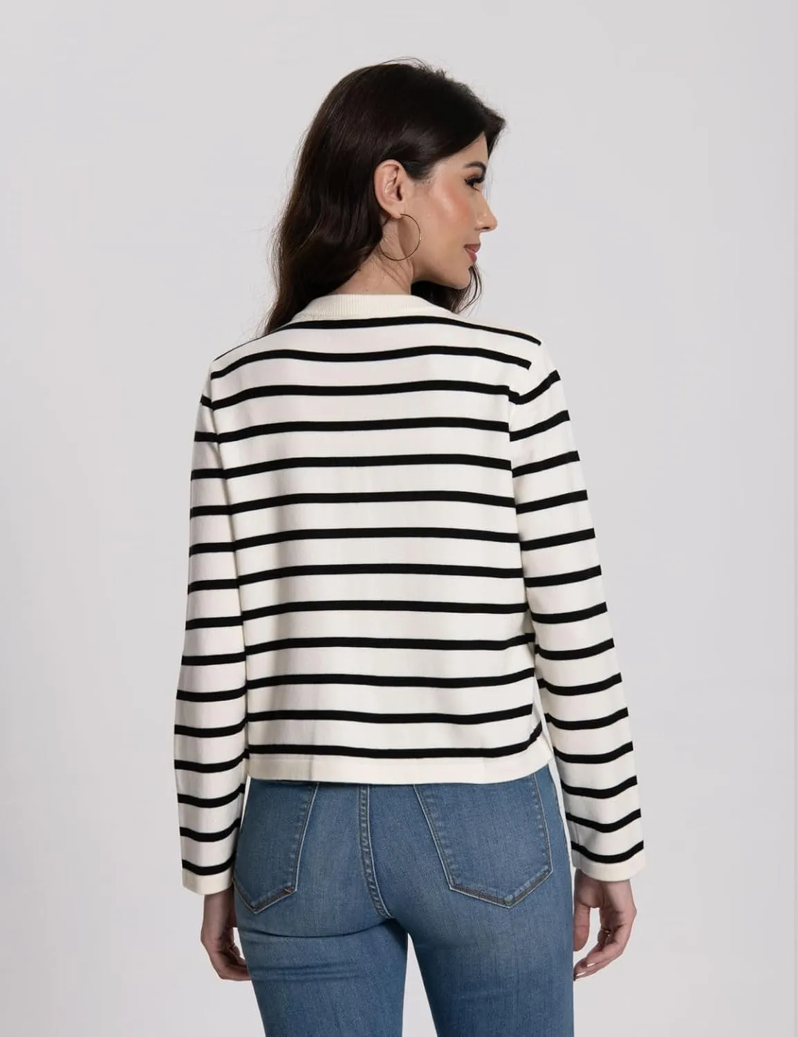 Women's Striped Cardigan Sweaters Trendy Long Sleeve Crew Neck Button Open Front Loose Lightweight Knit Crop Sweater