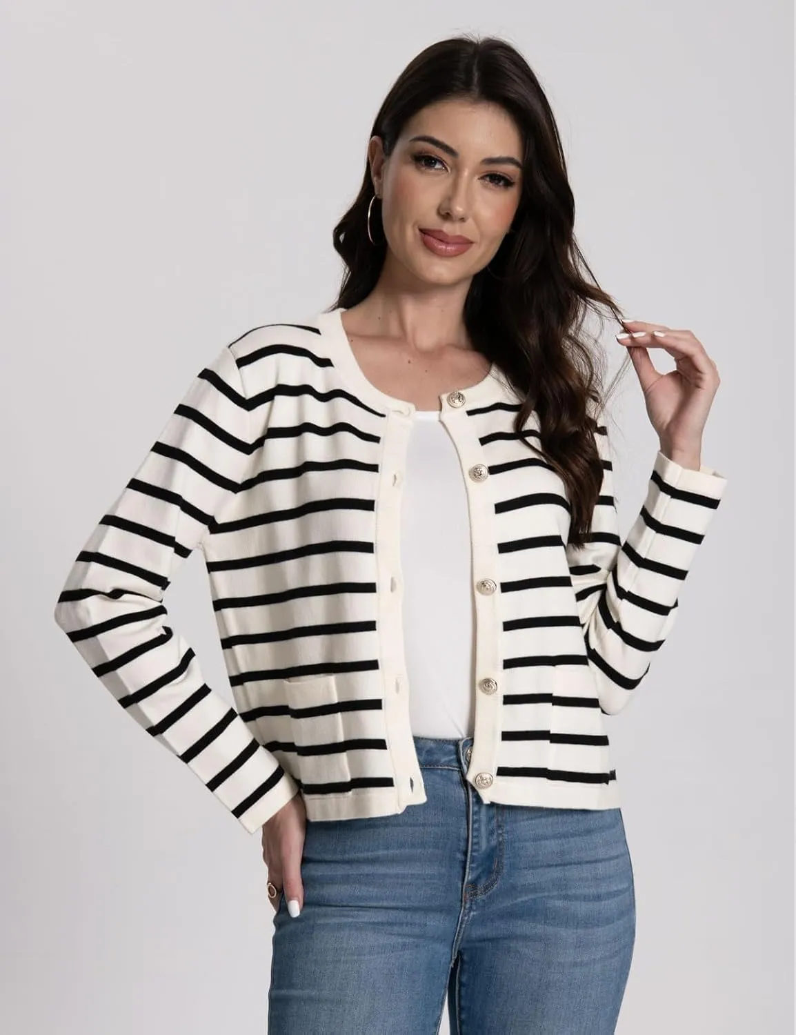 Women's Striped Cardigan Sweaters Trendy Long Sleeve Crew Neck Button Open Front Loose Lightweight Knit Crop Sweater