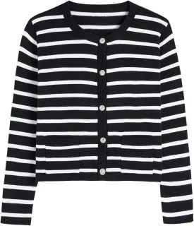 Women's Striped Cardigan Sweaters Trendy Long Sleeve Crew Neck Button Open Front Loose Lightweight Knit Crop Sweater