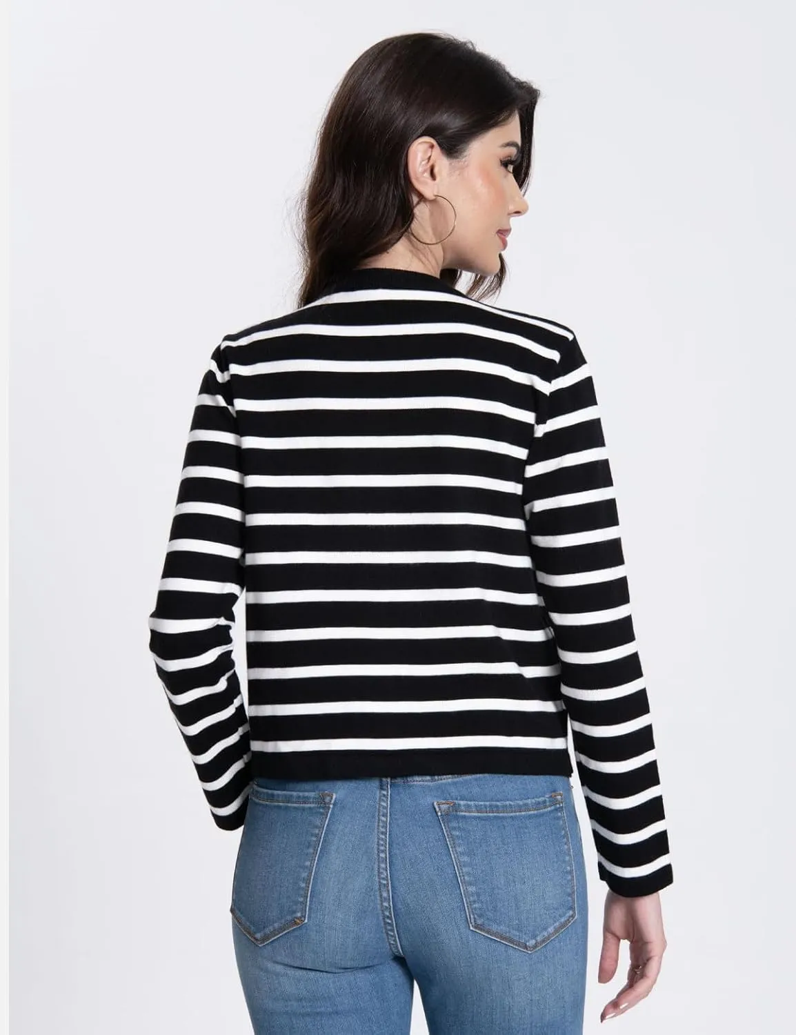 Women's Striped Cardigan Sweaters Trendy Long Sleeve Crew Neck Button Open Front Loose Lightweight Knit Crop Sweater