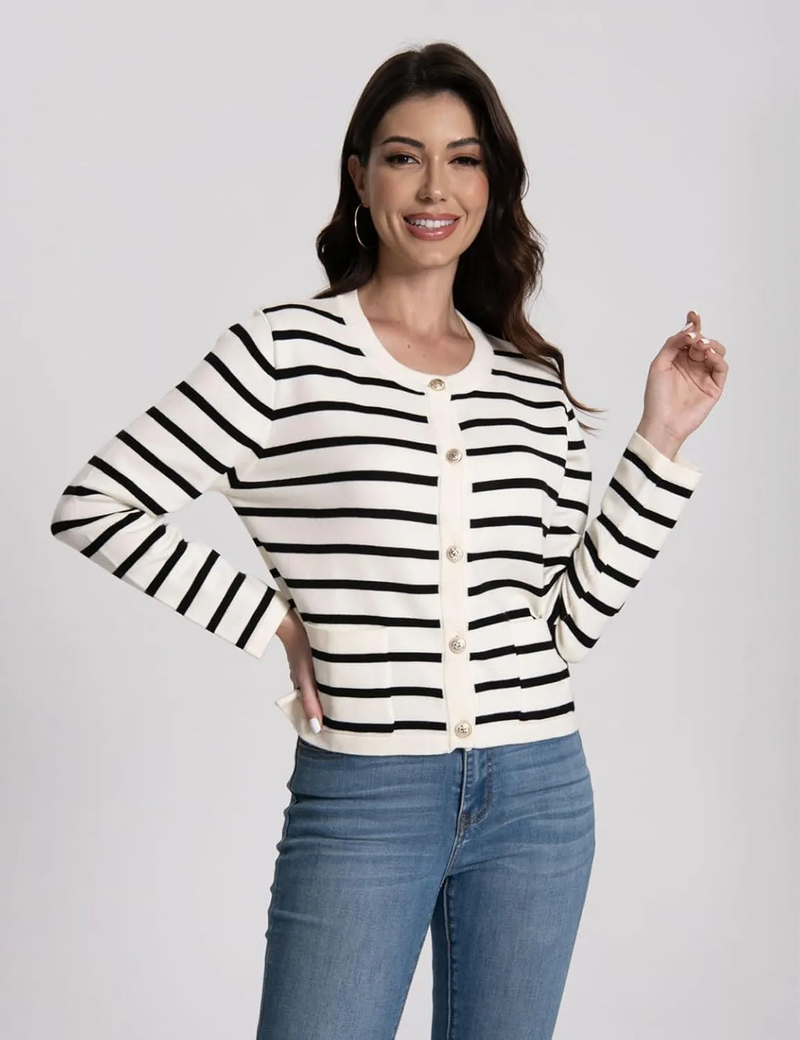 Women's Striped Cardigan Sweaters Trendy Long Sleeve Crew Neck Button Open Front Loose Lightweight Knit Crop Sweater