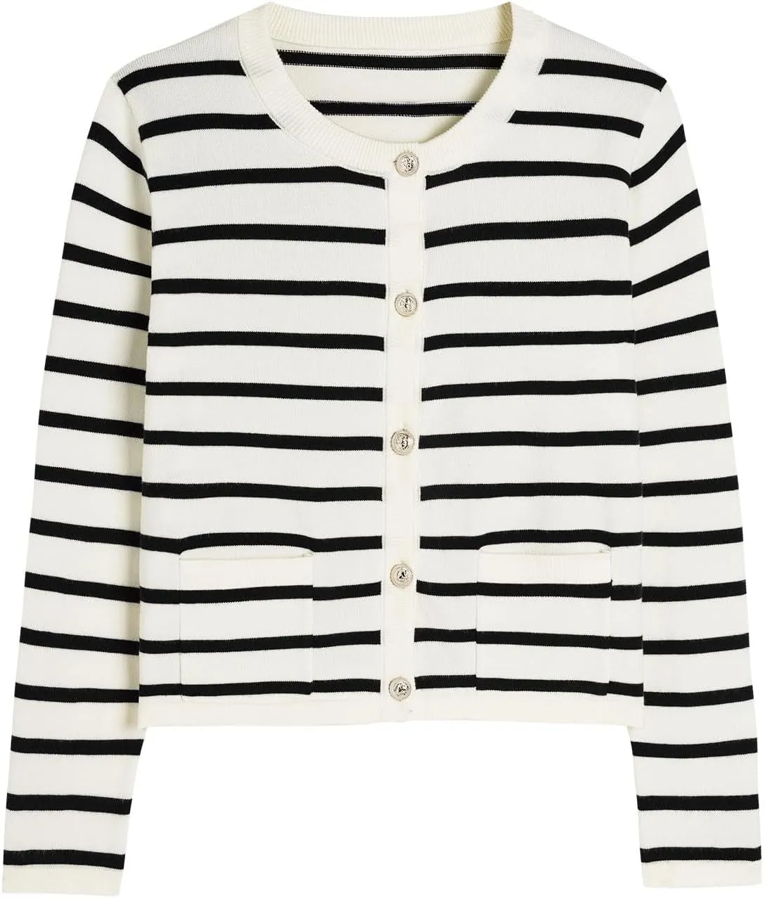 Women's Striped Cardigan Sweaters Trendy Long Sleeve Crew Neck Button Open Front Loose Lightweight Knit Crop Sweater