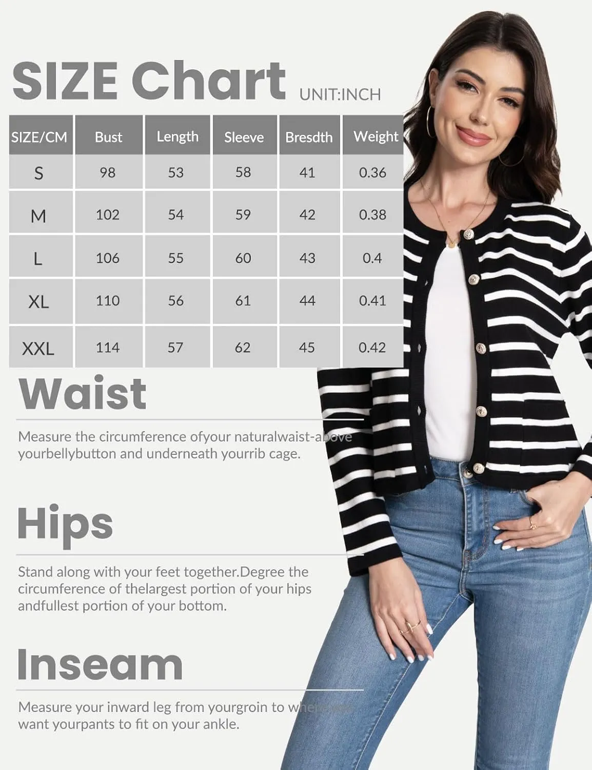 Women's Striped Cardigan Sweaters Trendy Long Sleeve Crew Neck Button Open Front Loose Lightweight Knit Crop Sweater