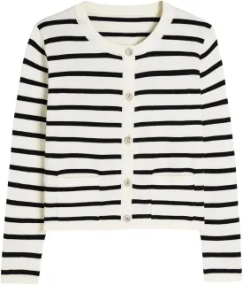 Women's Striped Cardigan Sweaters Trendy Long Sleeve Crew Neck Button Open Front Loose Lightweight Knit Crop Sweater