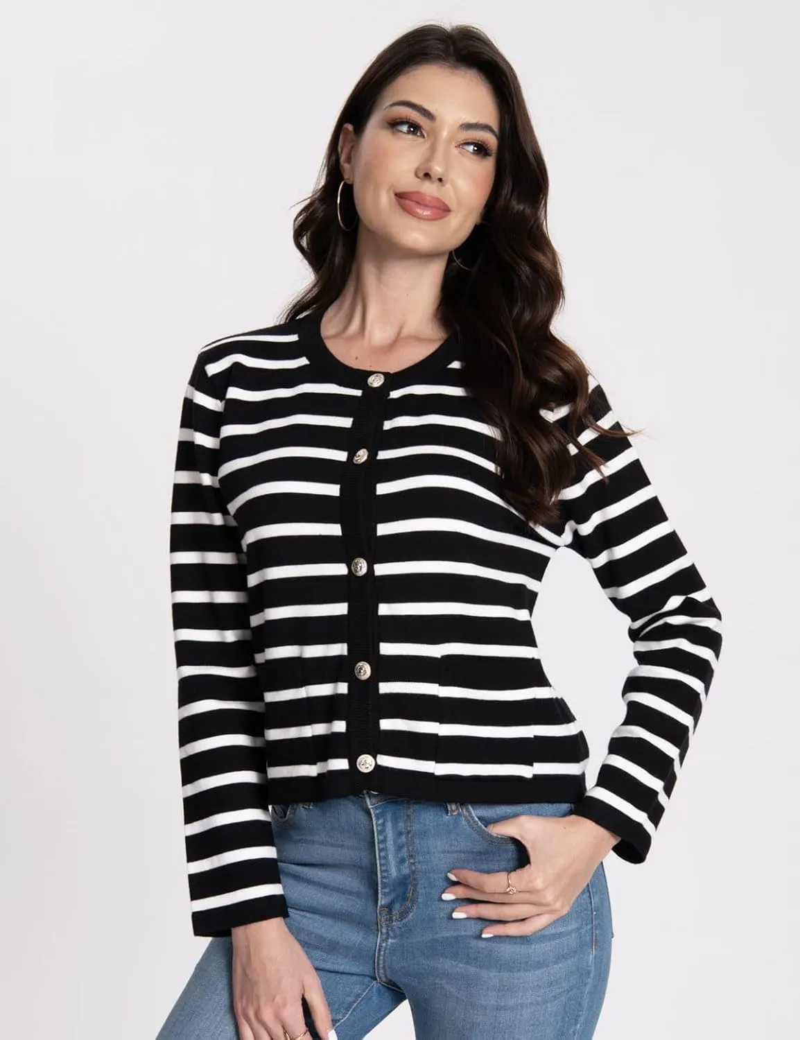 Women's Striped Cardigan Sweaters Trendy Long Sleeve Crew Neck Button Open Front Loose Lightweight Knit Crop Sweater