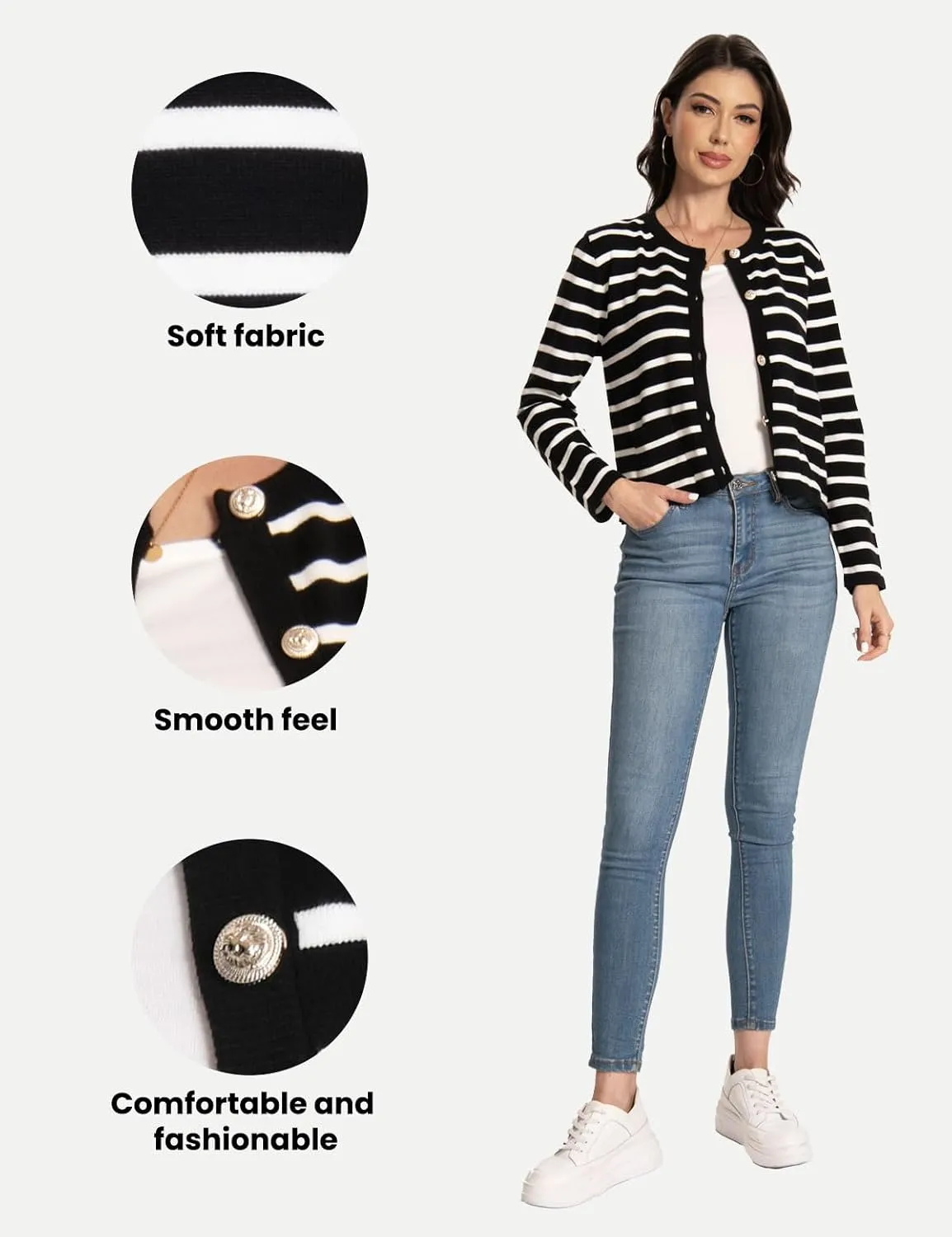 Women's Striped Cardigan Sweaters Trendy Long Sleeve Crew Neck Button Open Front Loose Lightweight Knit Crop Sweater
