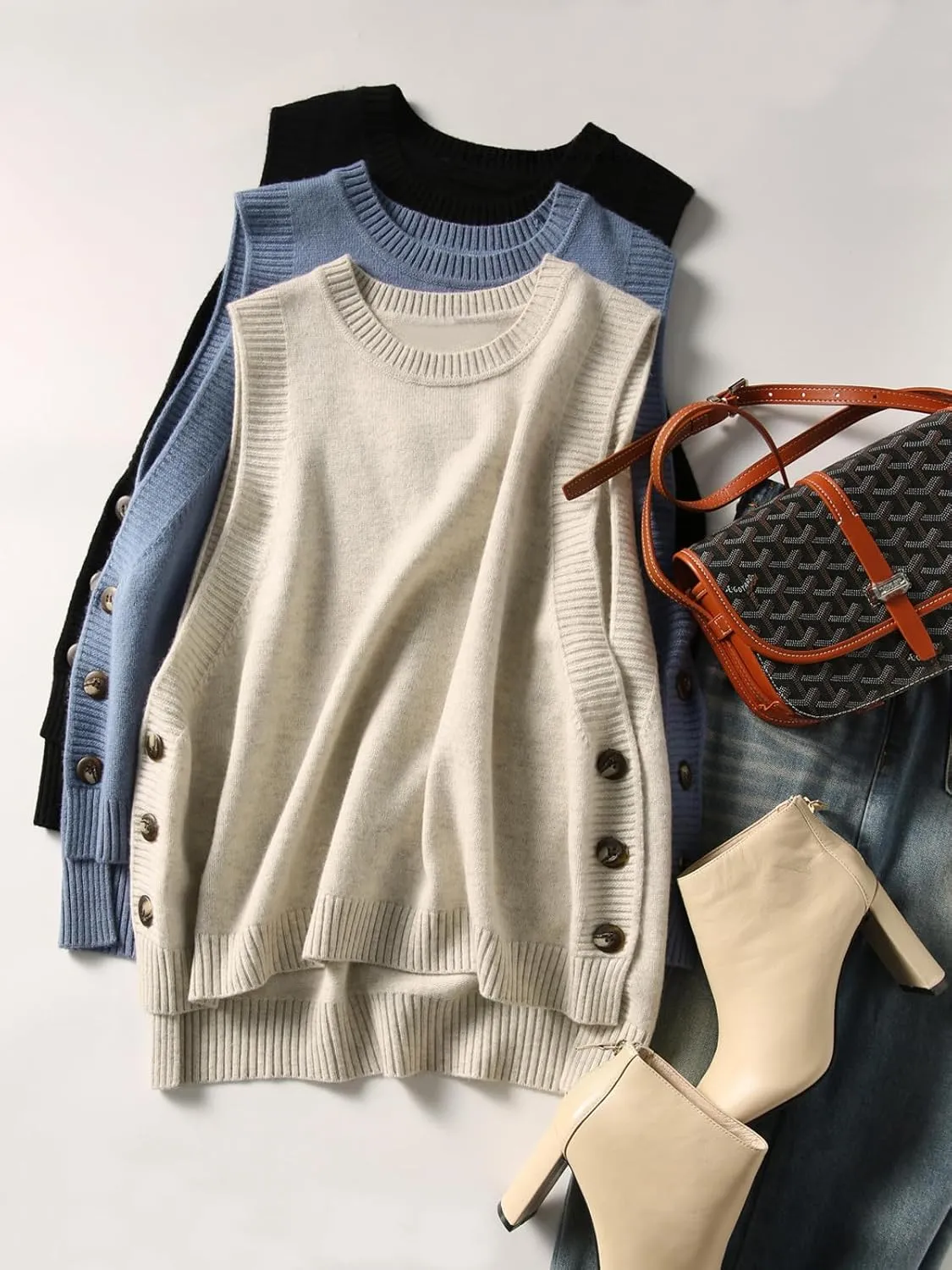 Wowcarbazole Women's Sleeveless Sweater Vest Casual Crew Neck Ribbed Knit Pullover Tops Loose Fit Full Clothes