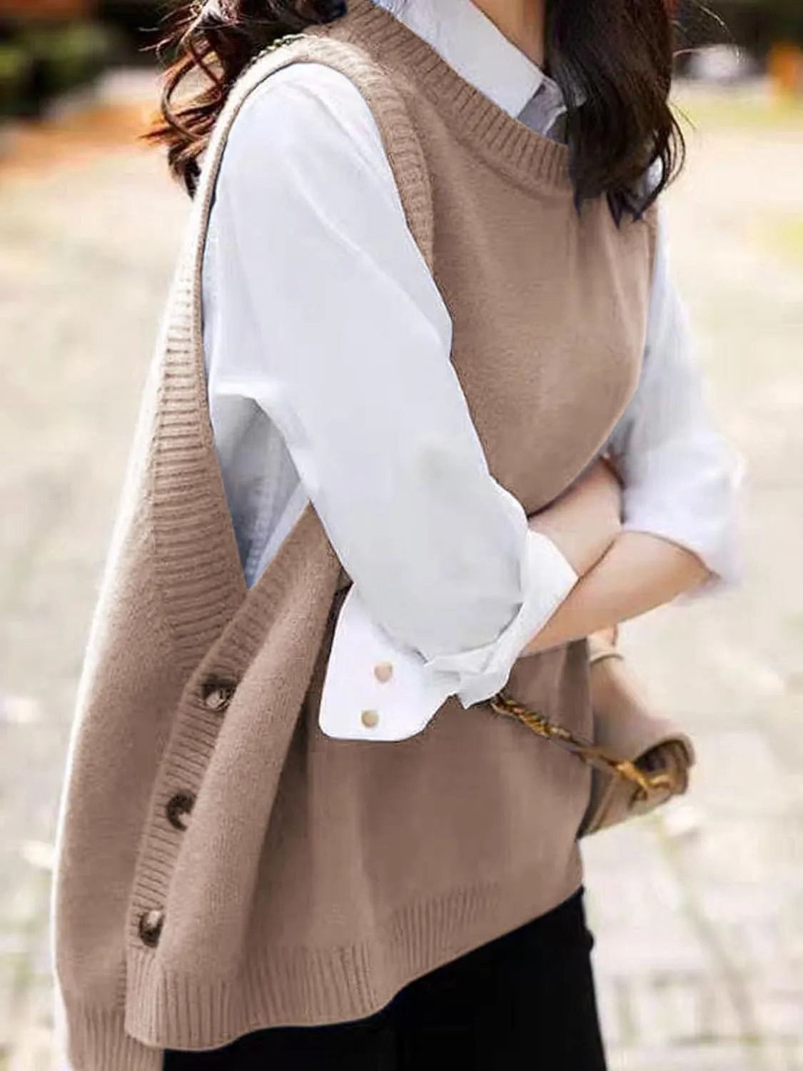 Wowcarbazole Women's Sleeveless Sweater Vest Casual Crew Neck Ribbed Knit Pullover Tops Loose Fit Full Clothes