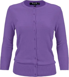 YEMAK Women's Knit Cardigan Sweater  3/4 Sleeve Crewneck Basic Classic Casual Button Down Soft Lightweight Top (S-3XL)