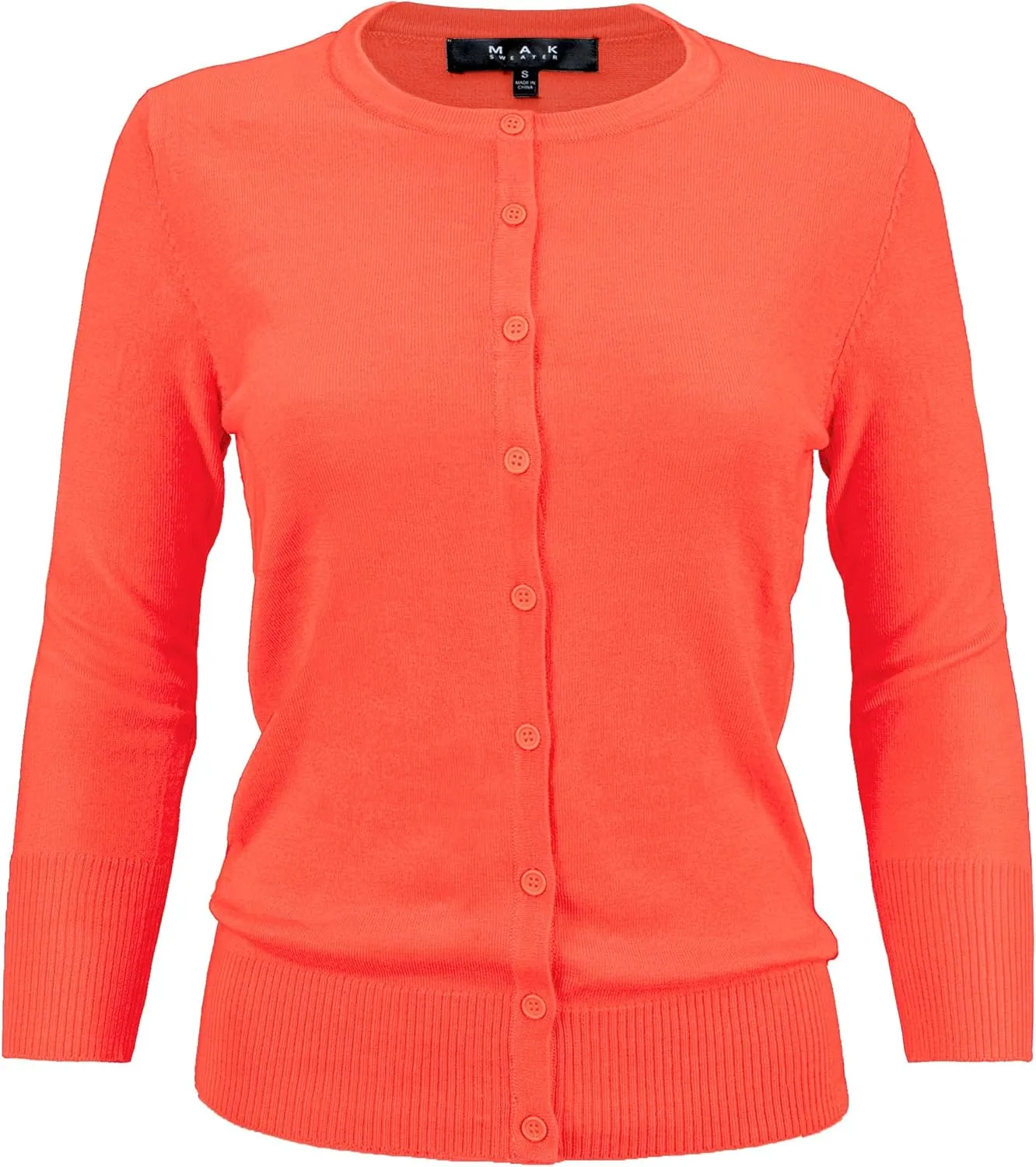 YEMAK Women's Knit Cardigan Sweater  3/4 Sleeve Crewneck Basic Classic Casual Button Down Soft Lightweight Top (S-3XL)