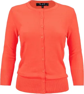 YEMAK Women's Knit Cardigan Sweater  3/4 Sleeve Crewneck Basic Classic Casual Button Down Soft Lightweight Top (S-3XL)