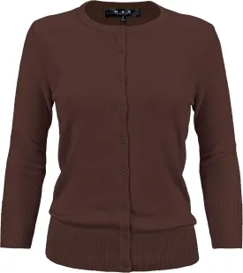 YEMAK Women's Knit Cardigan Sweater  3/4 Sleeve Crewneck Basic Classic Casual Button Down Soft Lightweight Top (S-3XL)