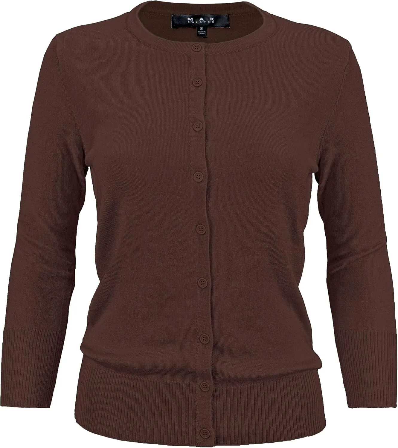 YEMAK Women's Knit Cardigan Sweater  3/4 Sleeve Crewneck Basic Classic Casual Button Down Soft Lightweight Top (S-3XL)