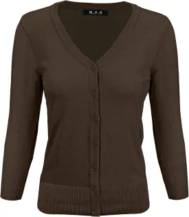 YEMAK Women's Knit Cardigan Sweater  3/4 Sleeve V-Neck Basic Classic Casual Button Down Soft Lightweight Top (S-3XL)