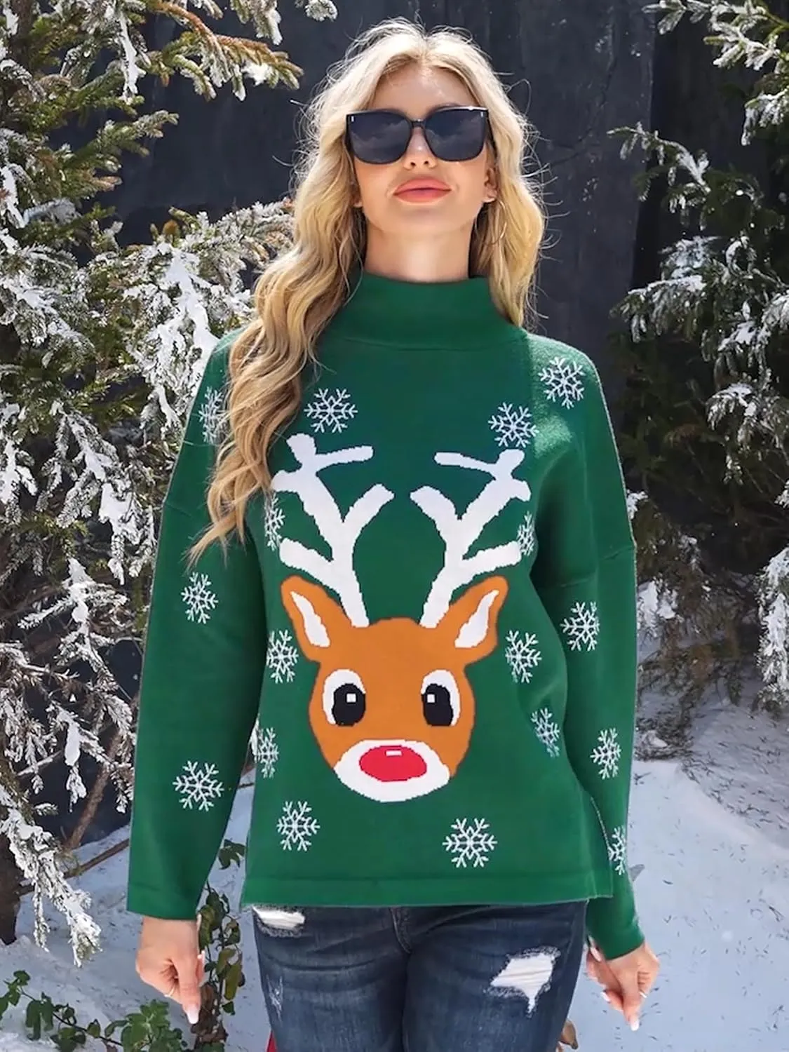 YI XIANG RAN Women's Ugly Christmas Graphic Sweater - Merry Christmas Knit Pullover Turtleneck Oversized Top
