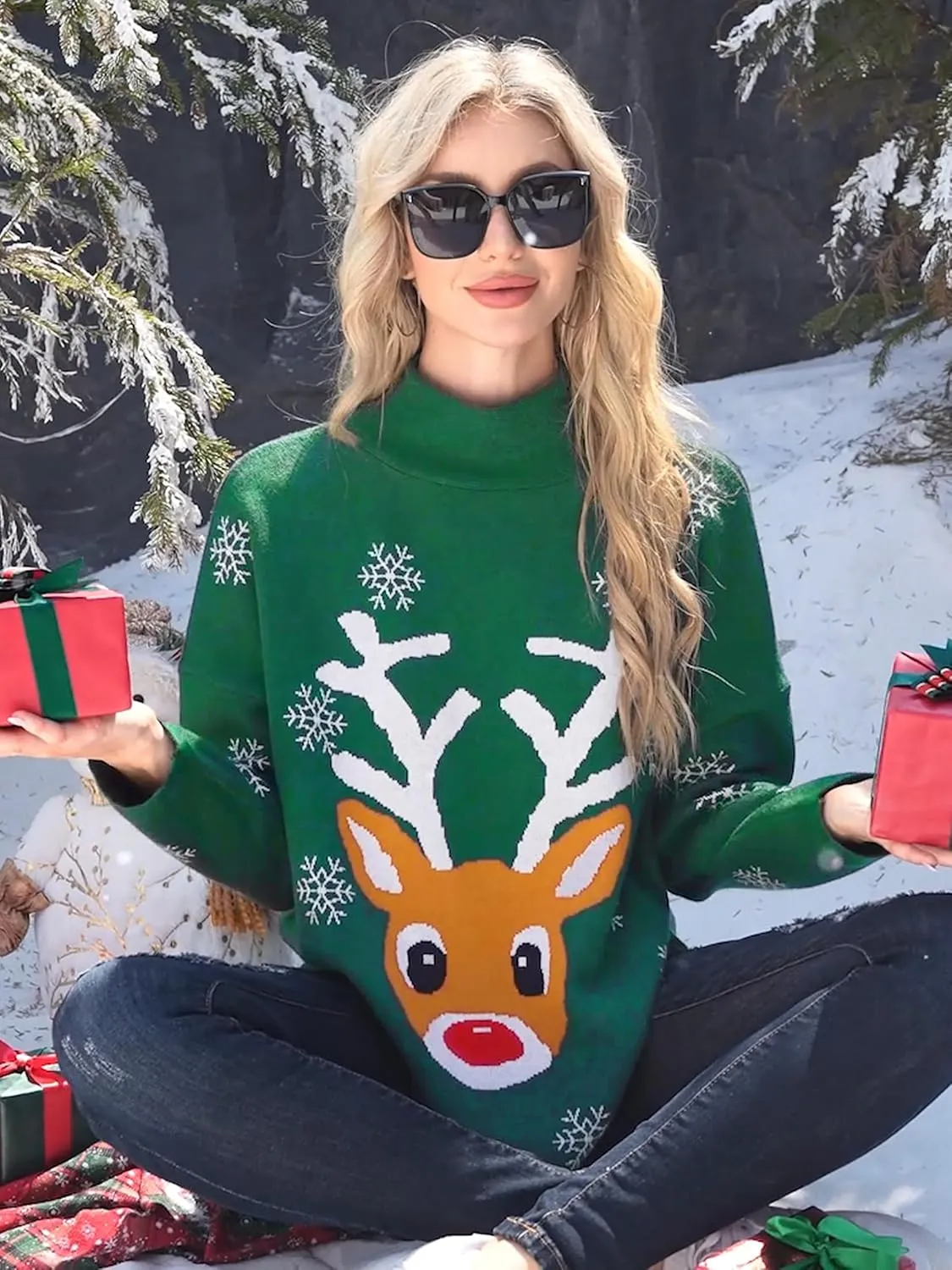 YI XIANG RAN Women's Ugly Christmas Graphic Sweater - Merry Christmas Knit Pullover Turtleneck Oversized Top