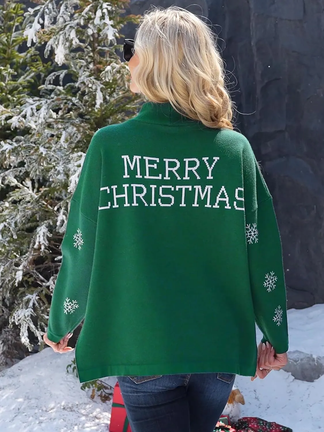 YI XIANG RAN Women's Ugly Christmas Graphic Sweater - Merry Christmas Knit Pullover Turtleneck Oversized Top