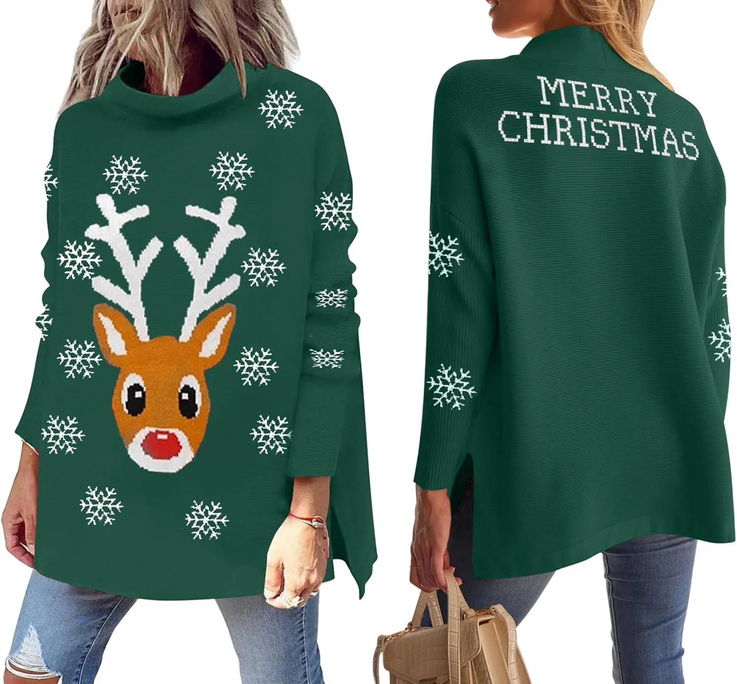 YI XIANG RAN Women's Ugly Christmas Graphic Sweater - Merry Christmas Knit Pullover Turtleneck Oversized Top