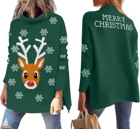 YI XIANG RAN Women's Ugly Christmas Graphic Sweater - Merry Christmas Knit Pullover Turtleneck Oversized Top