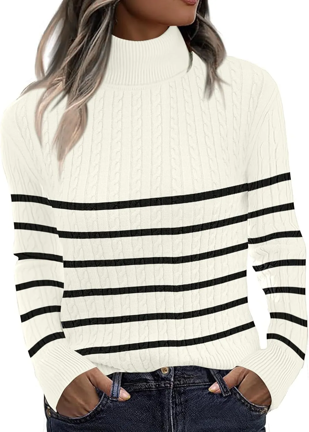 Zeagoo Womens Sweaters 2024 Turtleneck Cable Knit Long Sleeve Slim Fitted Basic Fall Tops
