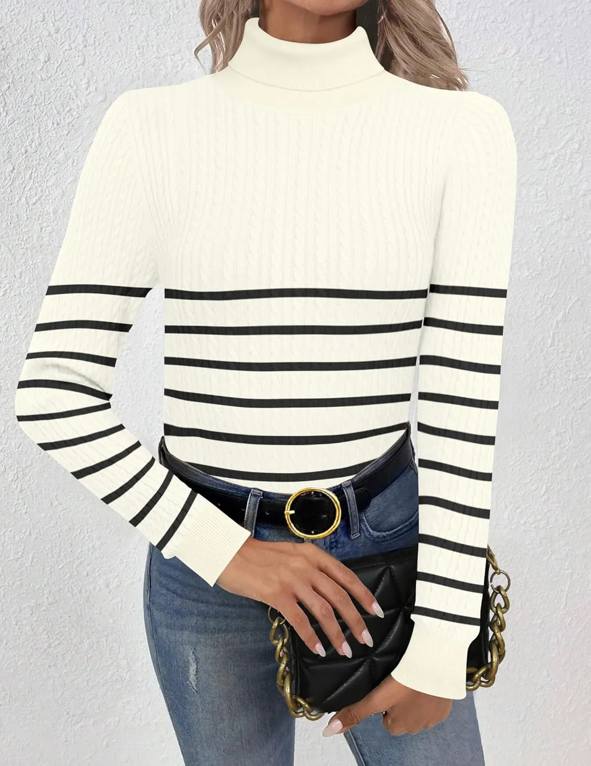 Zeagoo Womens Sweaters 2024 Turtleneck Cable Knit Long Sleeve Slim Fitted Basic Fall Tops