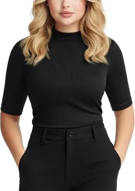 Zengjo Short Sleeve Turtleneck Women Ribbed Shirt Mock Neck Fitted Tee Top