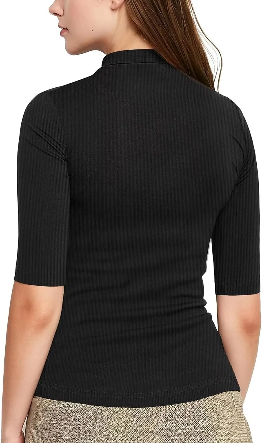 Zengjo Short Sleeve Turtleneck Women Ribbed Shirt Mock Neck Fitted Tee Top