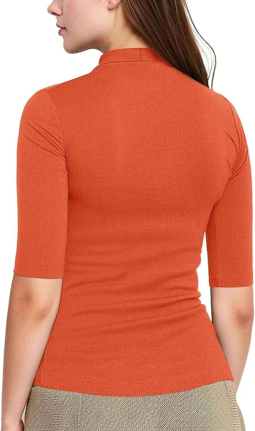 Zengjo Short Sleeve Turtleneck Women Ribbed Shirt Mock Neck Fitted Tee Top