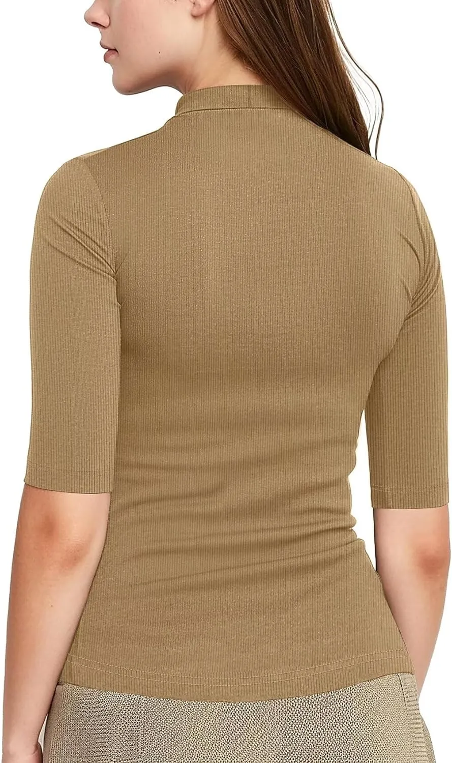 Zengjo Short Sleeve Turtleneck Women Ribbed Shirt Mock Neck Fitted Tee Top